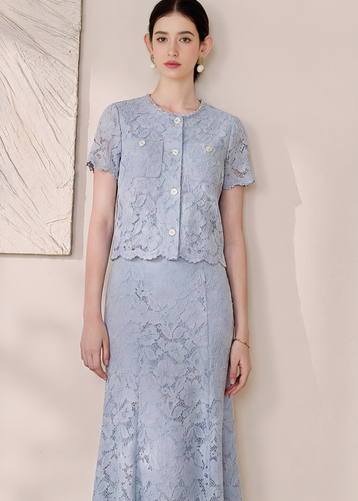 FLORAL LACE SHORT SLEEVE TOP & SKIRT
