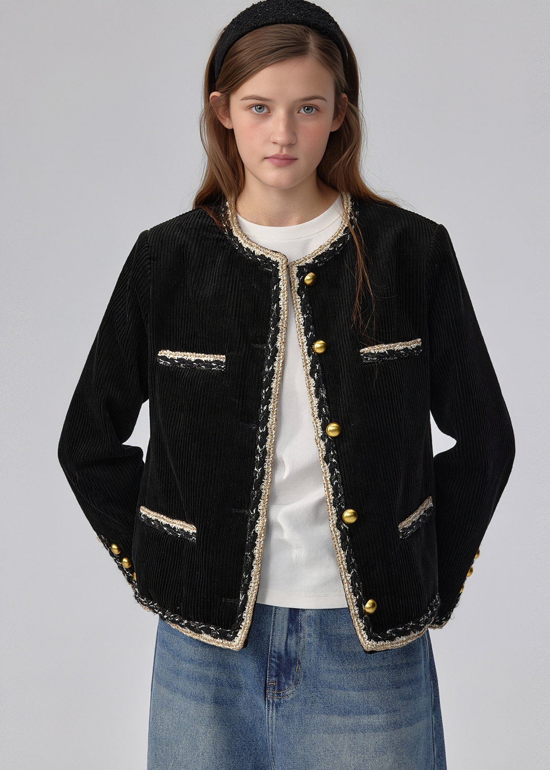 BRAIDED TRIM CORDUROY JACKET