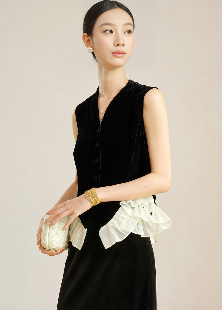 VELVET RUFFLE HEM VEST JACKET