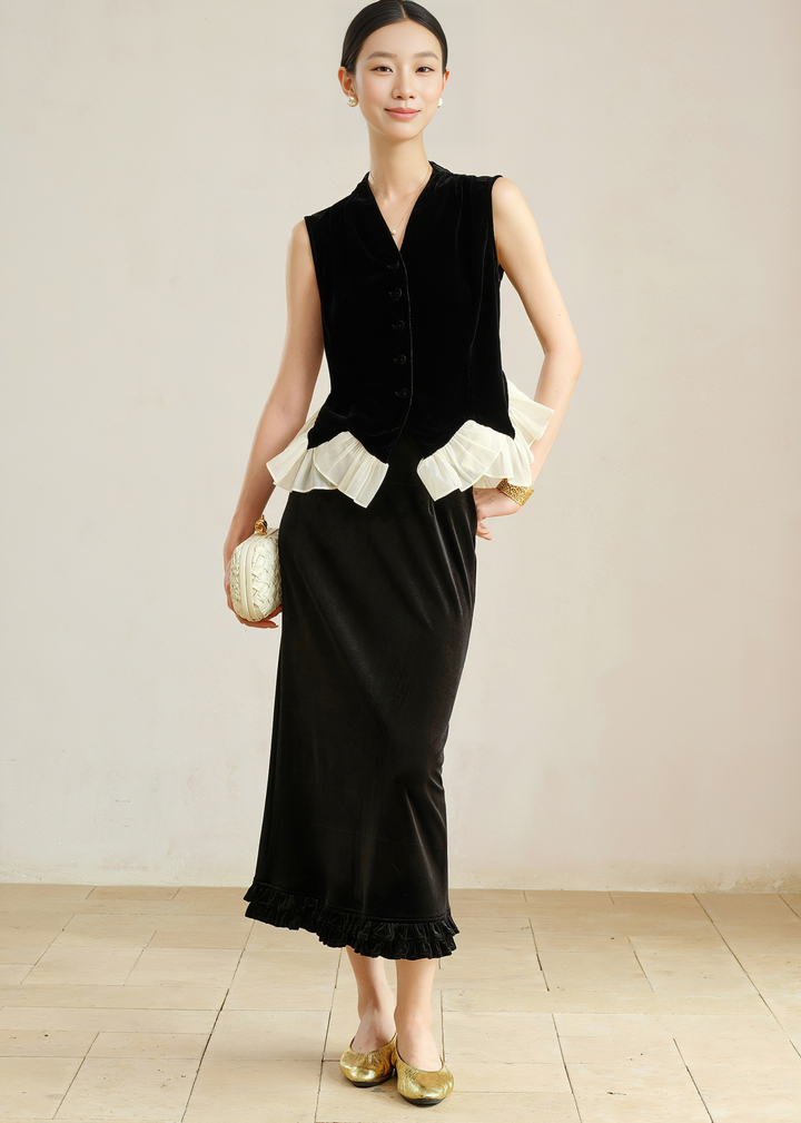 VELVET RUFFLE HEM VEST JACKET
