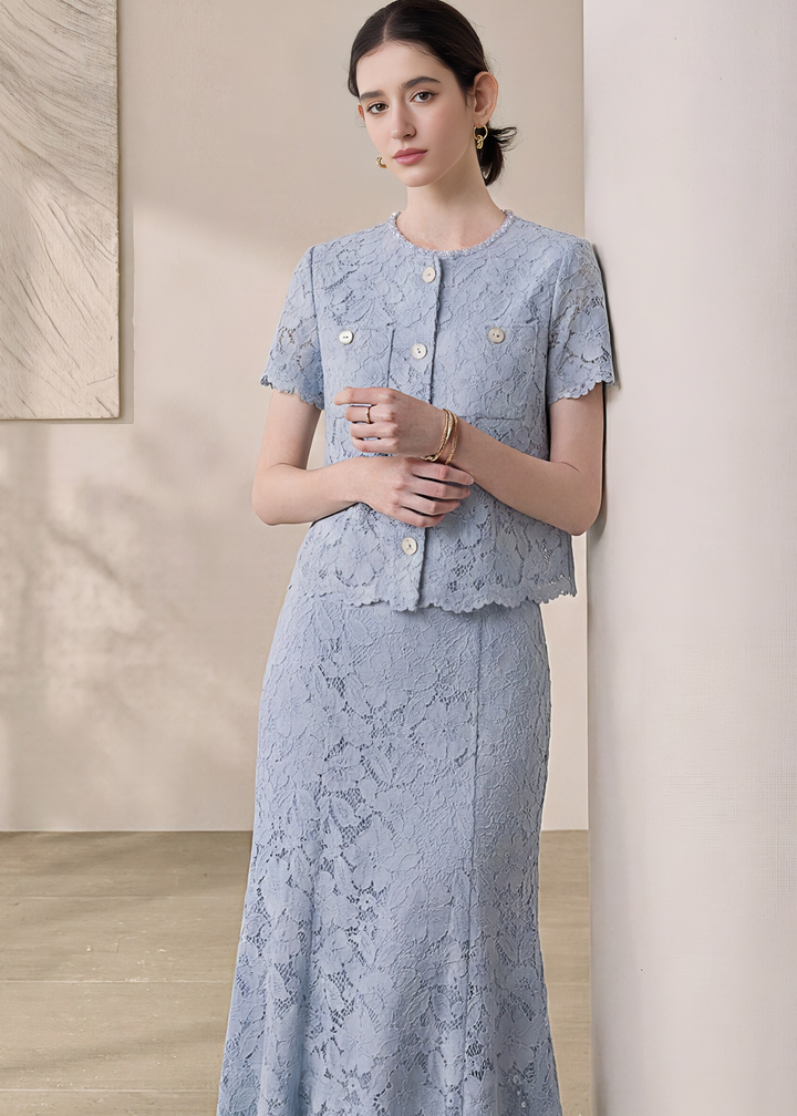 FLORAL LACE SHORT SLEEVE TOP & SKIRT