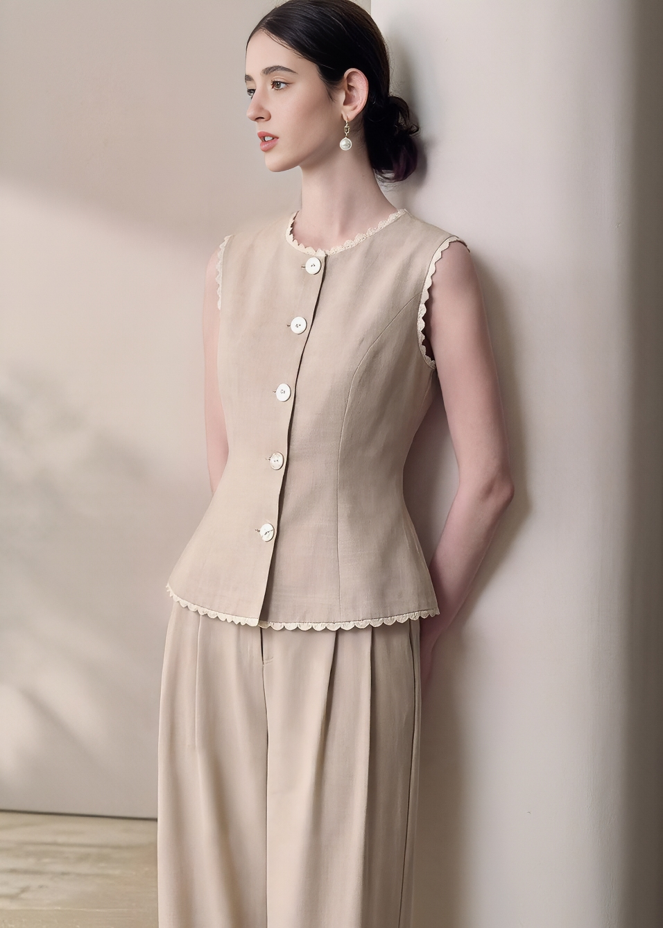 SCALLOPED LINEN TOPS&PANTS