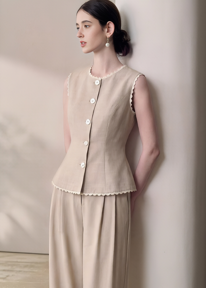 SCALLOPED LINEN TOPS&PANTS