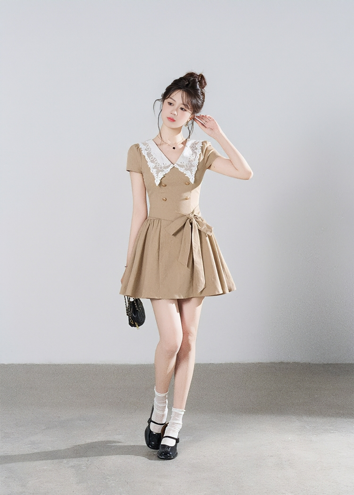 LACE COLLAR BELTED A-LINE DRESS