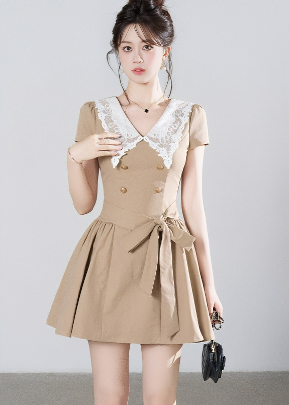 LACE COLLAR BELTED A-LINE DRESS