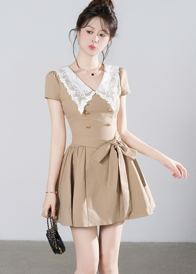 LACE COLLAR BELTED A-LINE DRESS