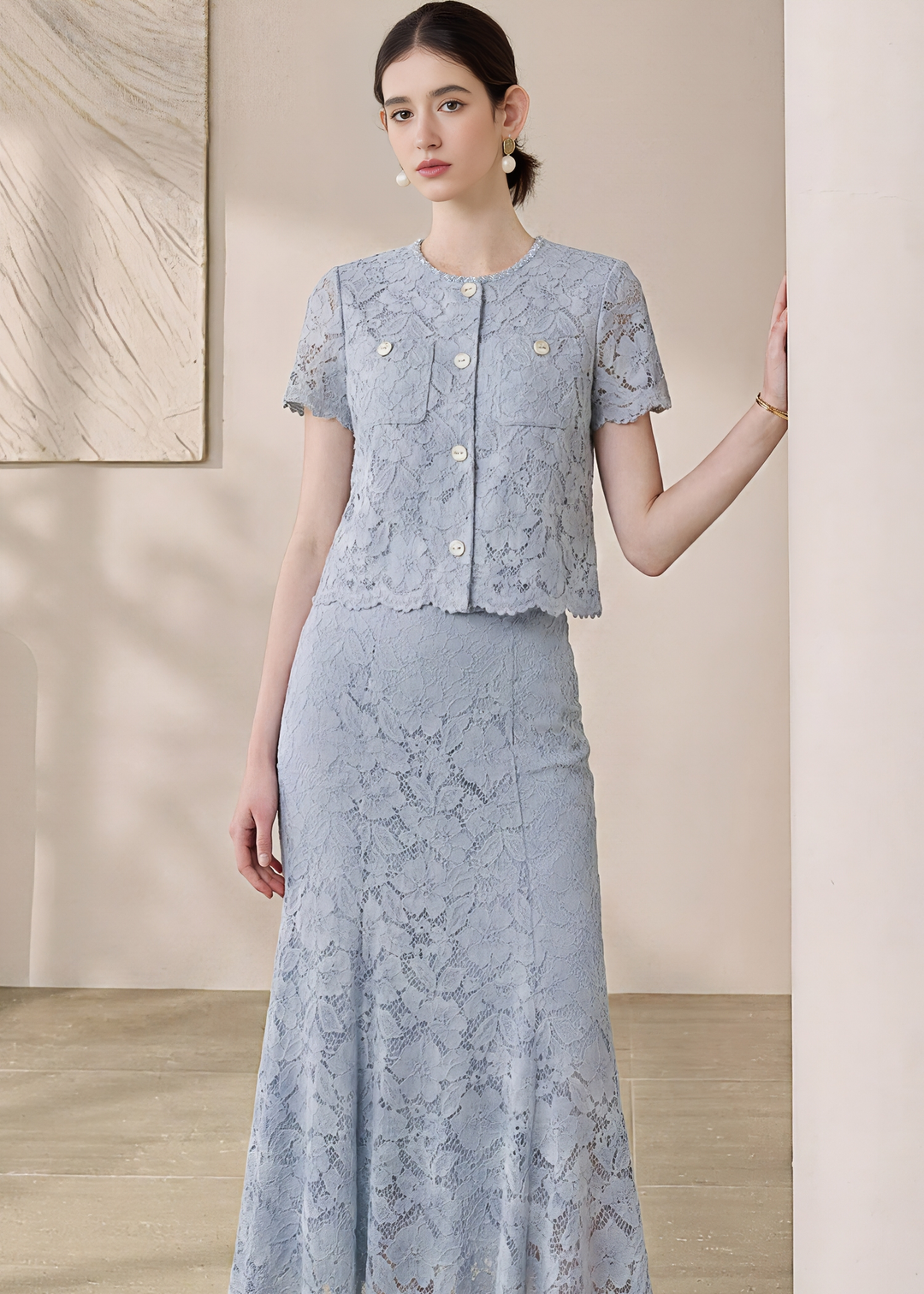 FLORAL LACE SHORT SLEEVE TOP & SKIRT