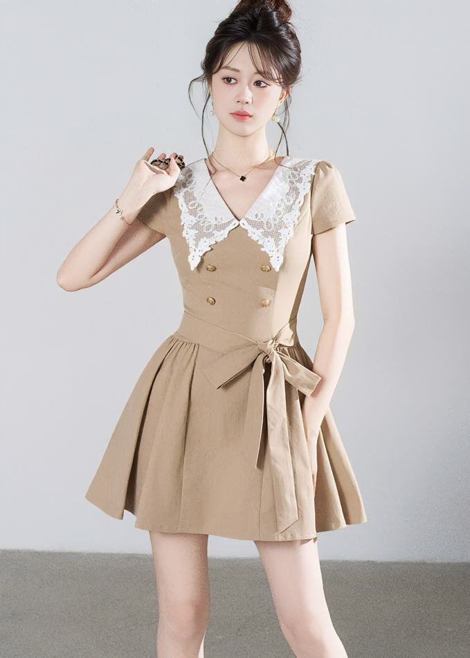 LACE COLLAR BELTED A-LINE DRESS