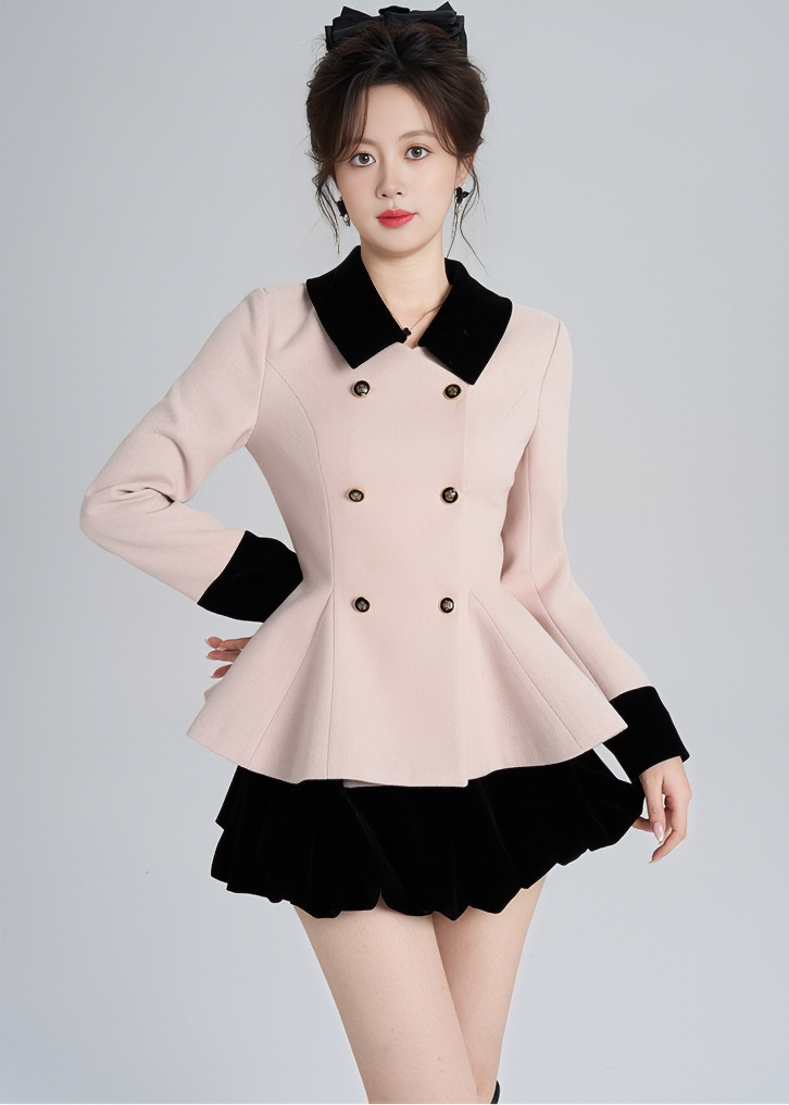 CONTRAST VELVET COLLAR PEPLUM COAT