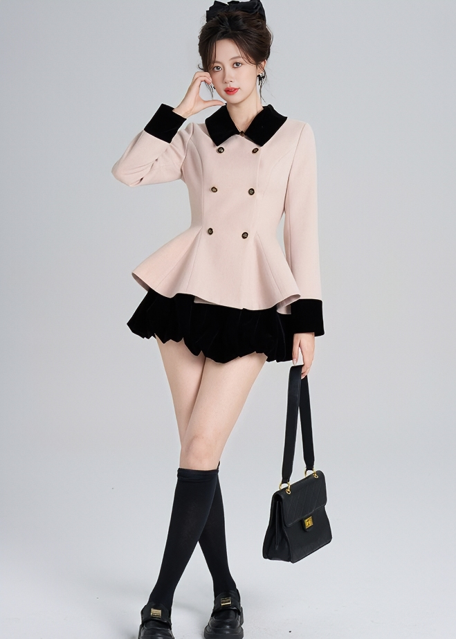 CONTRAST VELVET COLLAR PEPLUM COAT
