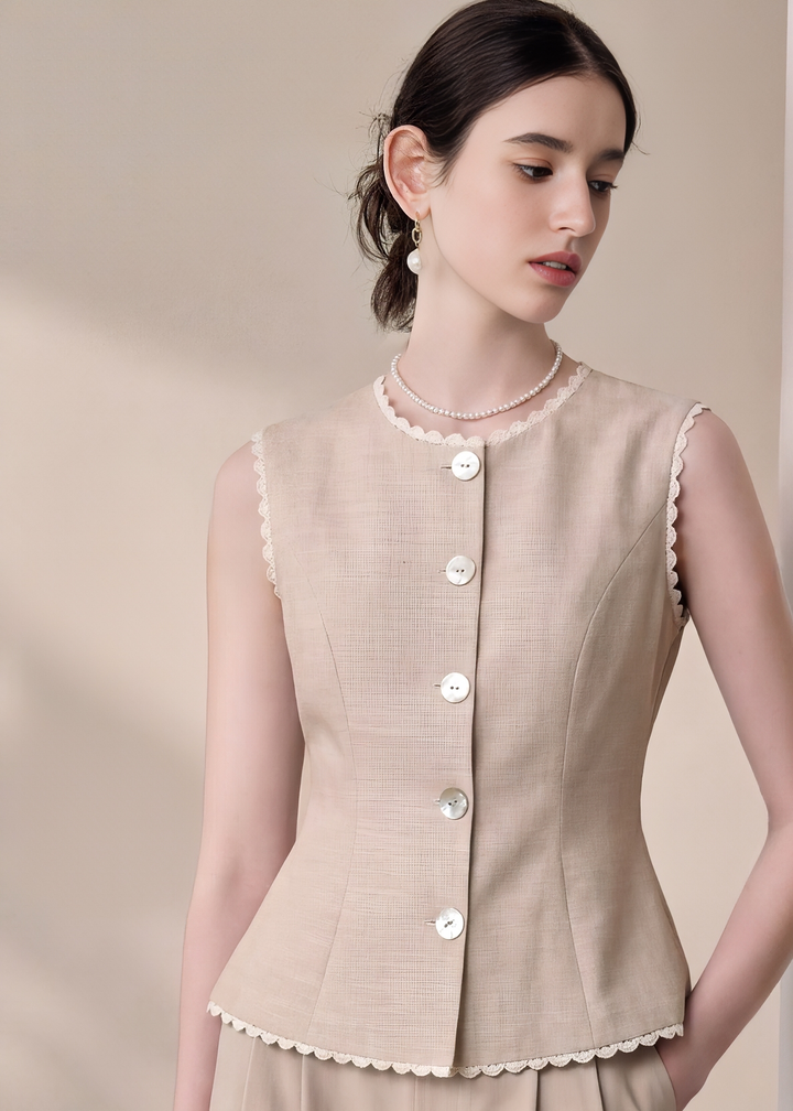 SCALLOPED LINEN TOPS&PANTS