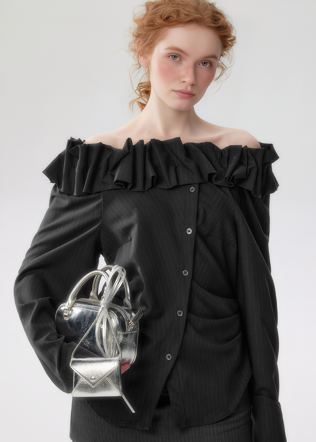 OFF-SHOULDER RUFFLE SHIRT