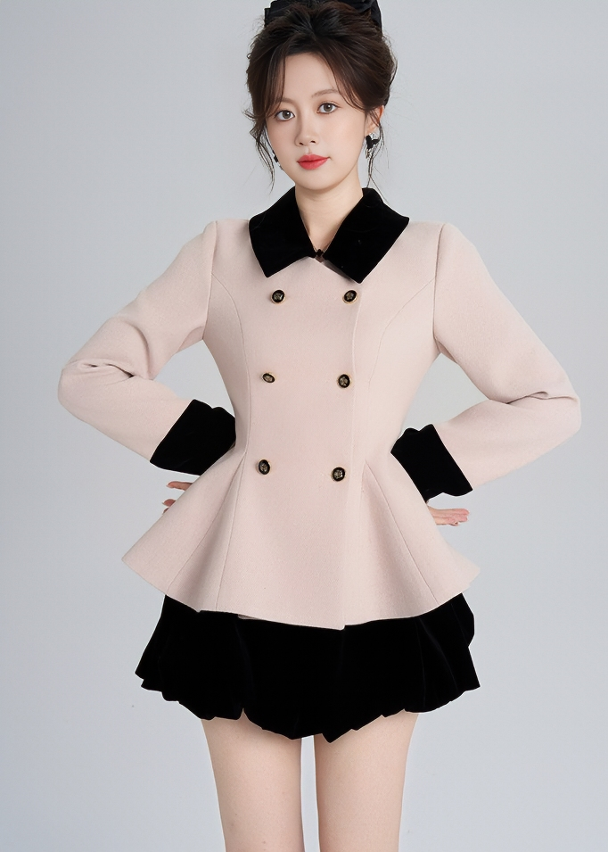 CONTRAST VELVET COLLAR PEPLUM COAT