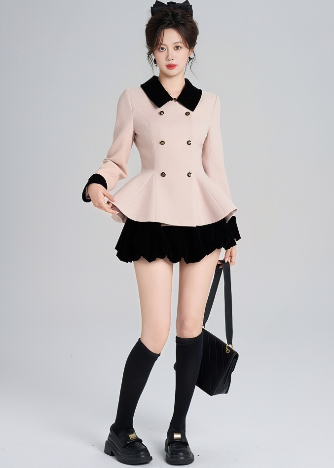 CONTRAST VELVET COLLAR PEPLUM COAT