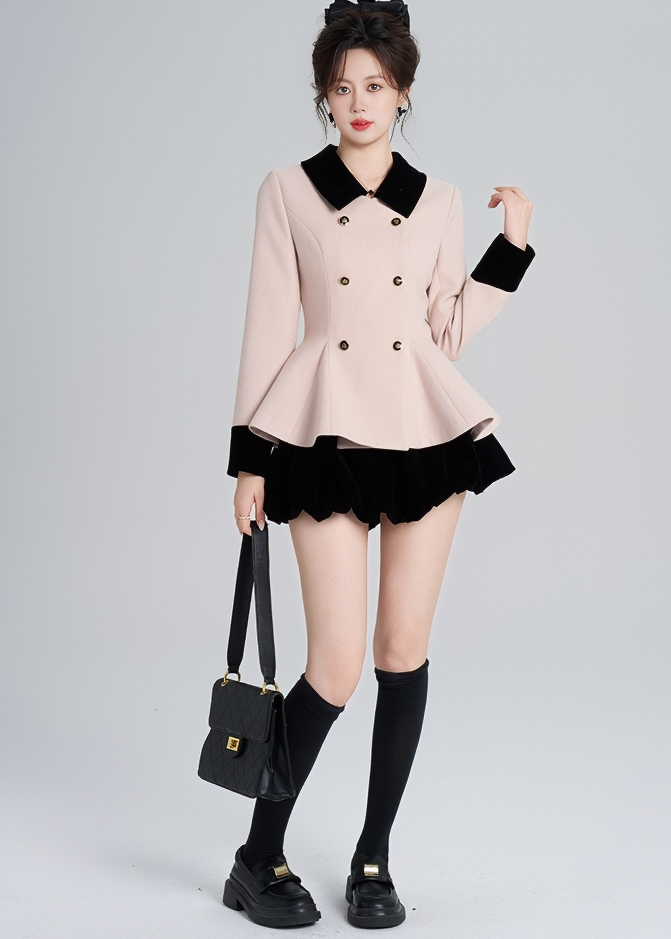 CONTRAST VELVET COLLAR PEPLUM COAT