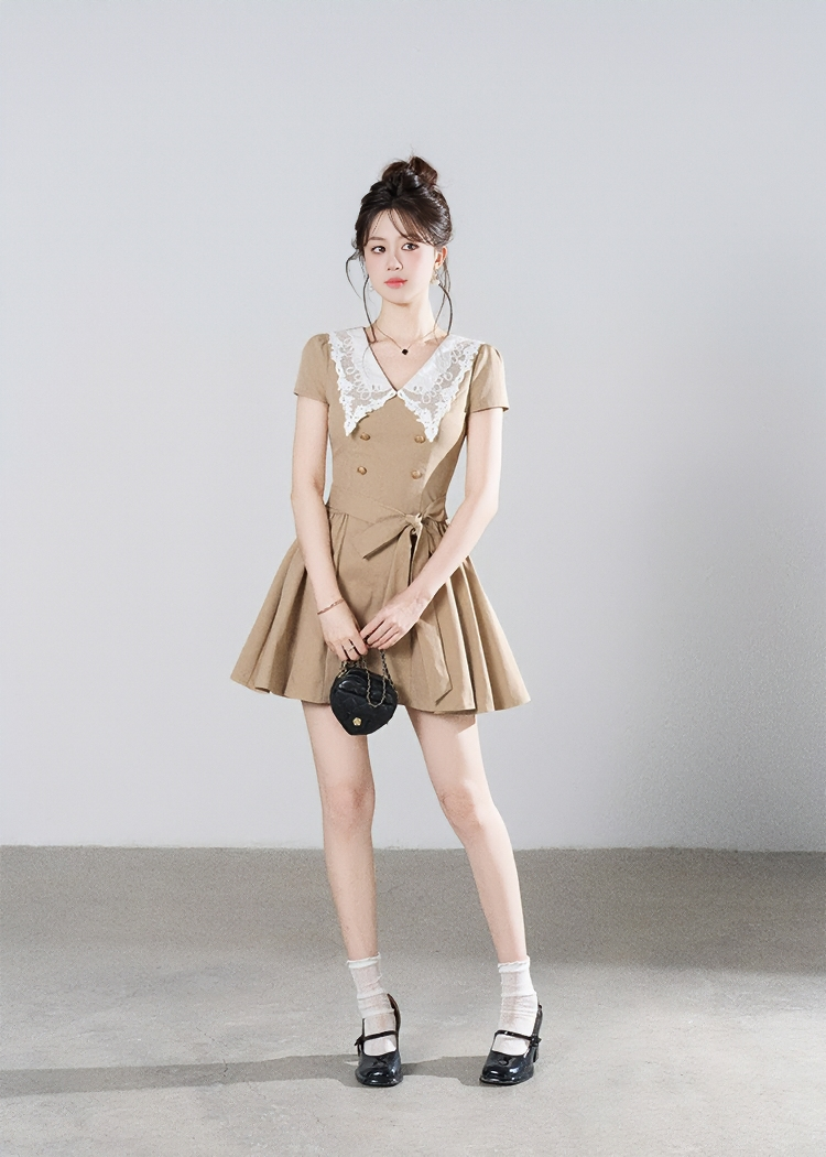 LACE COLLAR BELTED A-LINE DRESS
