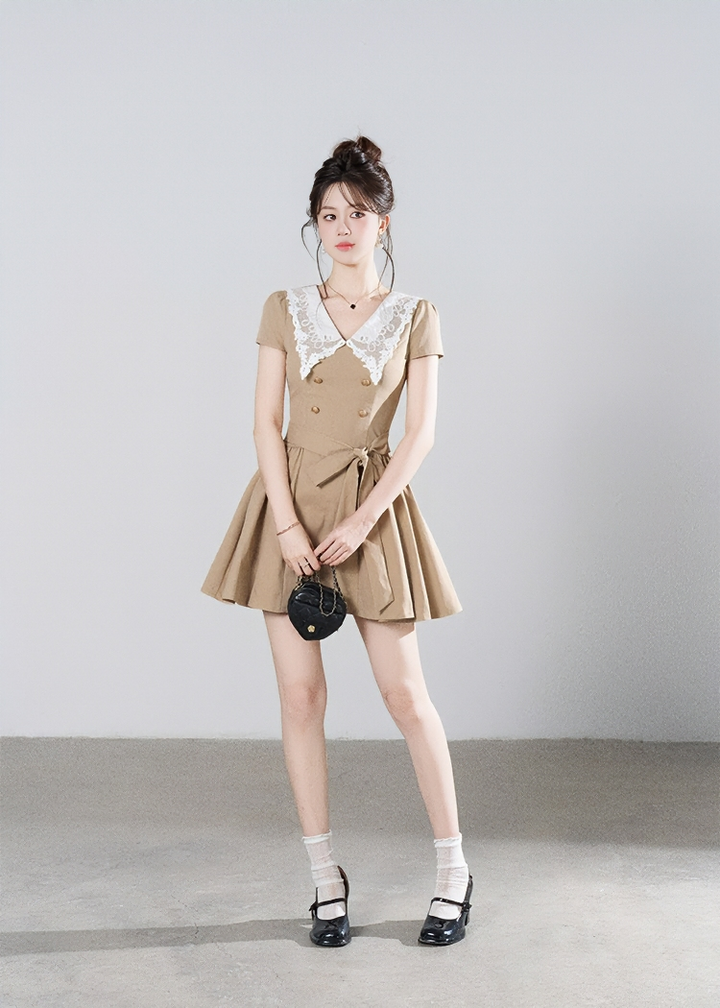 LACE COLLAR BELTED A-LINE DRESS