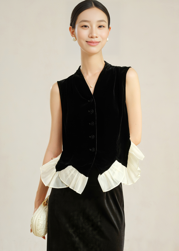 VELVET RUFFLE HEM VEST JACKET