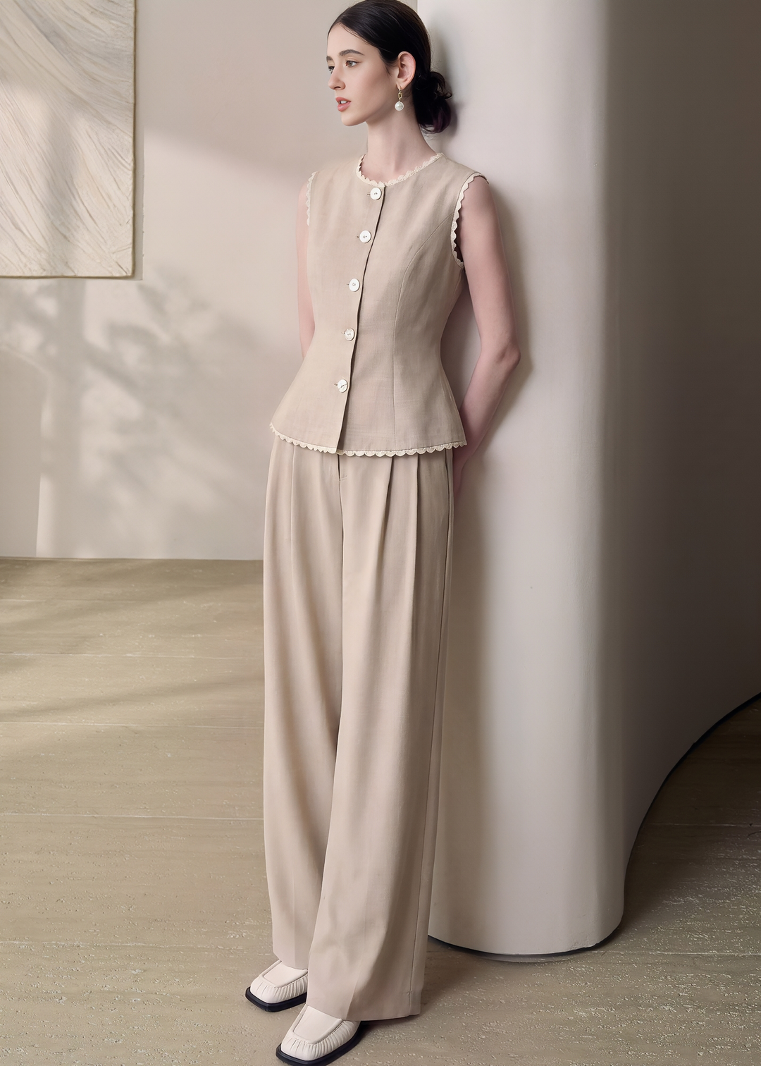 SCALLOPED LINEN TOPS&PANTS