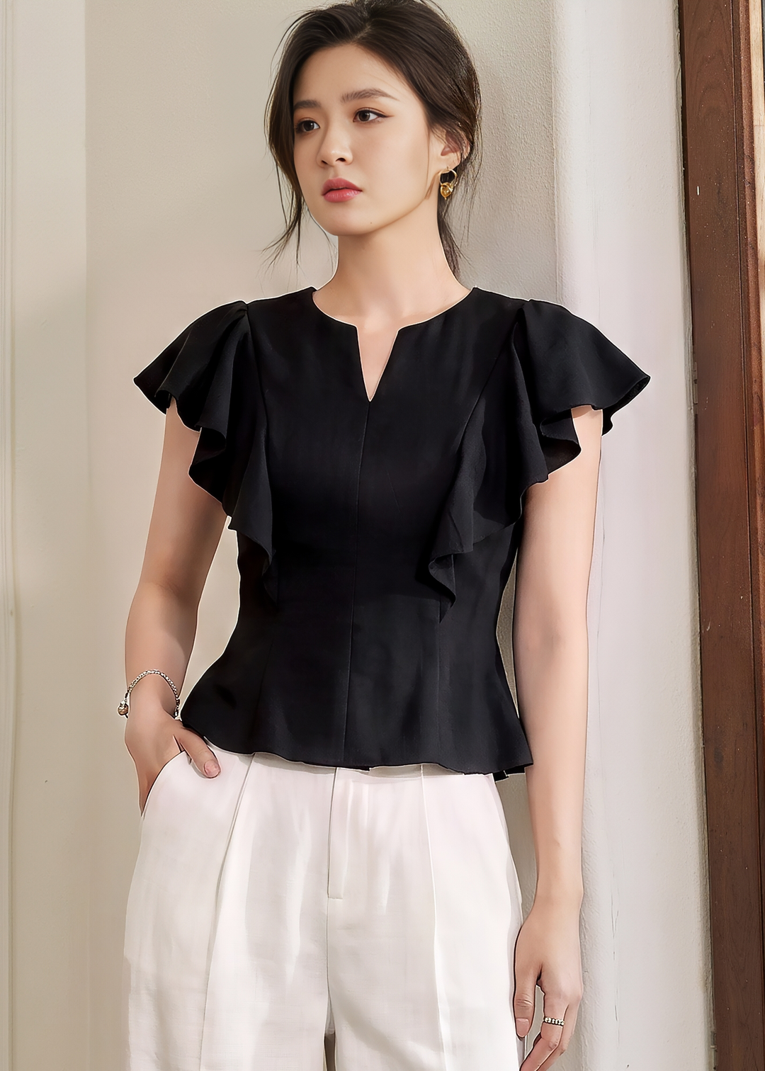 RUFFLE SLEEVE PEPLUM TOP