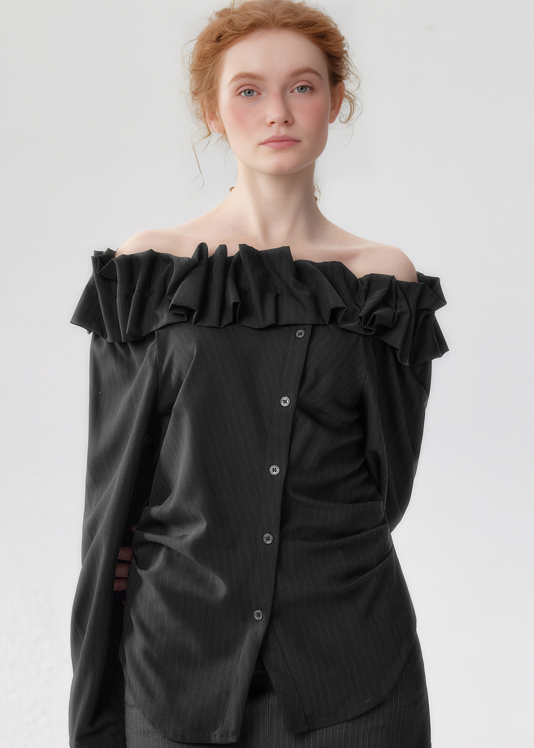 OFF-SHOULDER RUFFLE SHIRT
