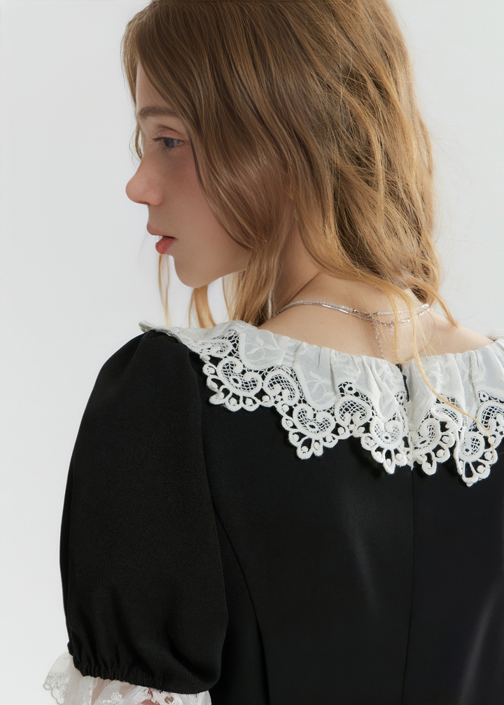 LACE TRIM PUFF SLEEVE DRESS