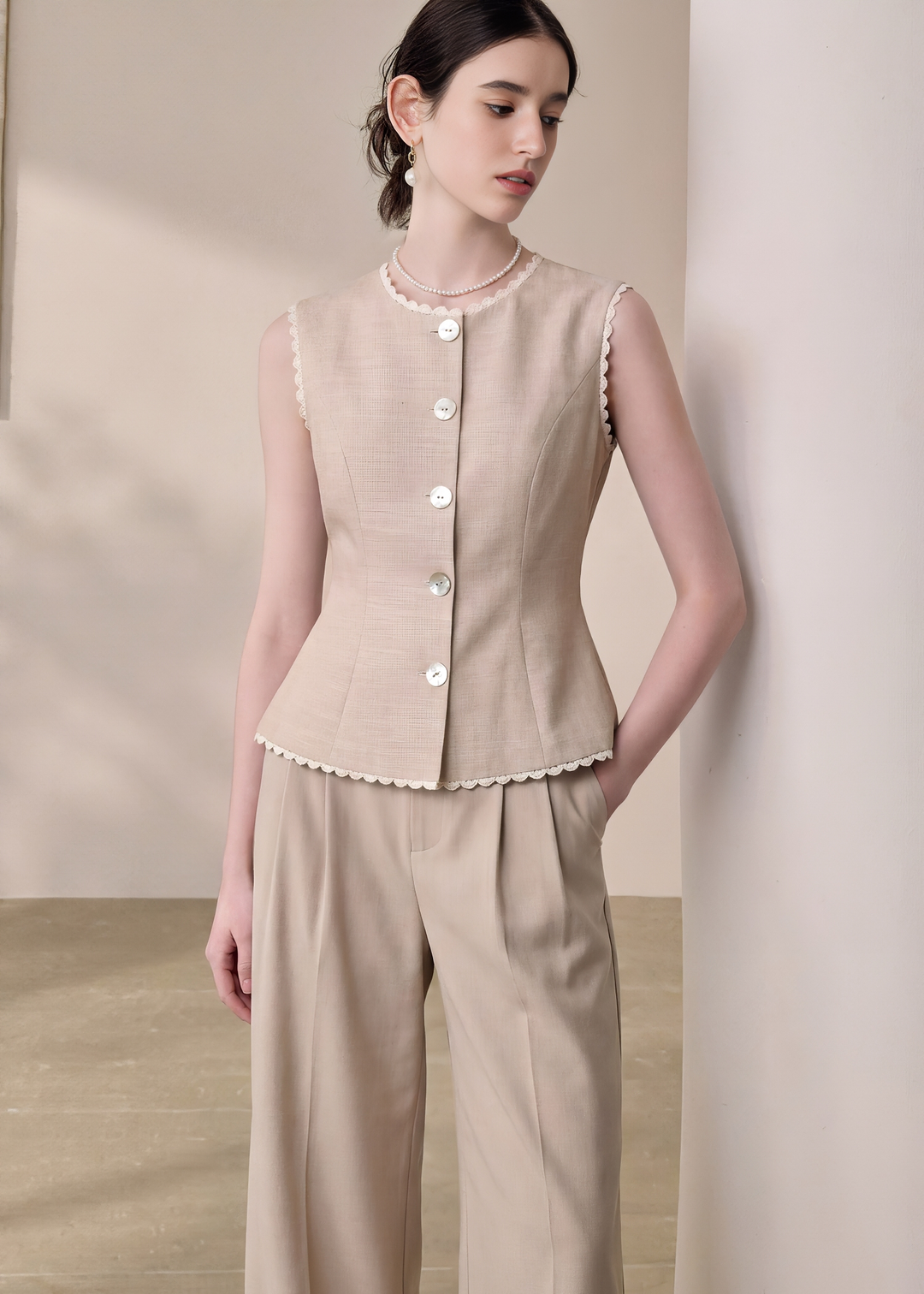 SCALLOPED LINEN TOPS&PANTS