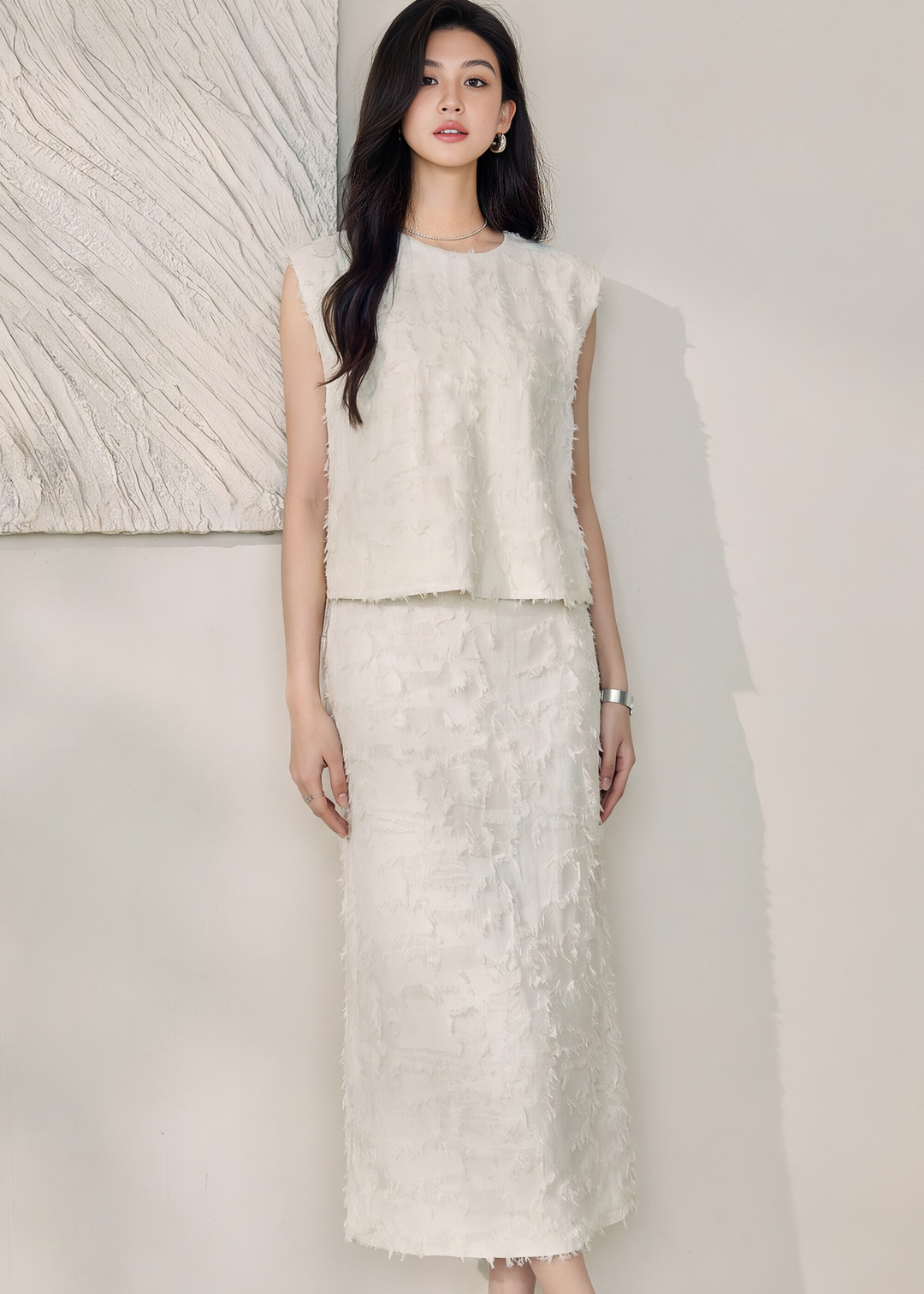 TEXTURED FRINGE TOP & SKIRT