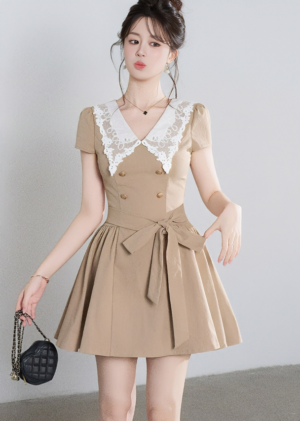 LACE COLLAR BELTED A-LINE DRESS