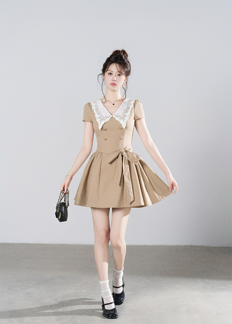 LACE COLLAR BELTED A-LINE DRESS