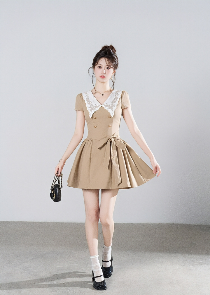 LACE COLLAR BELTED A-LINE DRESS