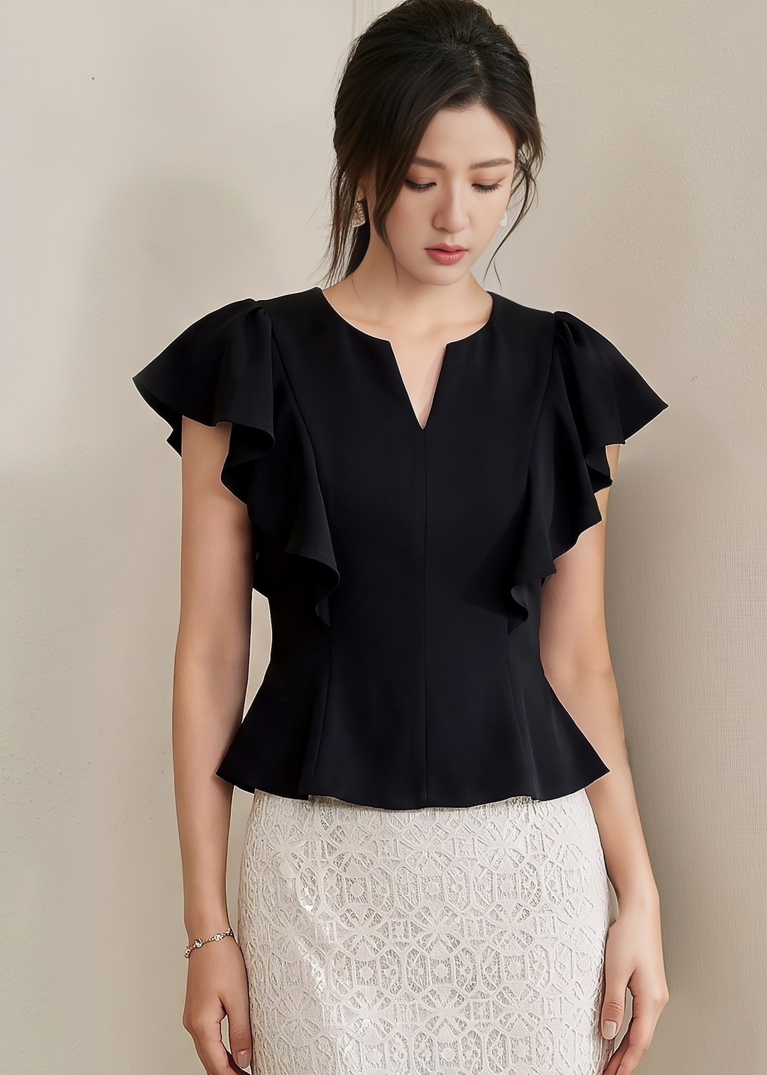 RUFFLE SLEEVE PEPLUM TOP