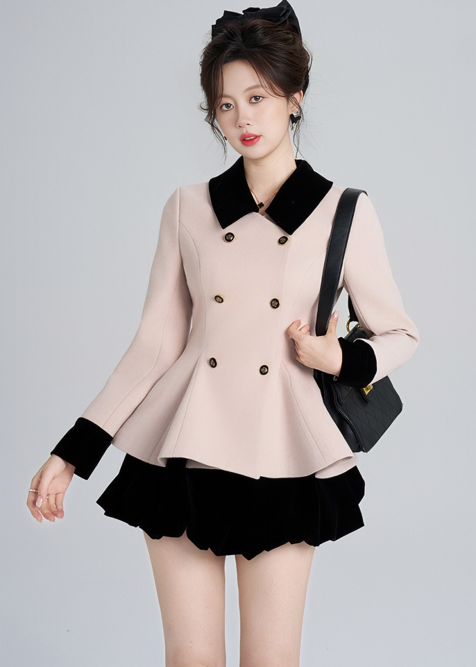 CONTRAST VELVET COLLAR PEPLUM COAT