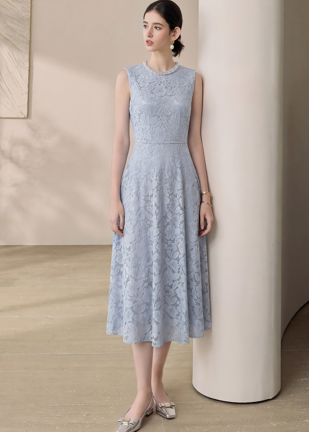 PEARL EMBELLISHED LACE DRESS