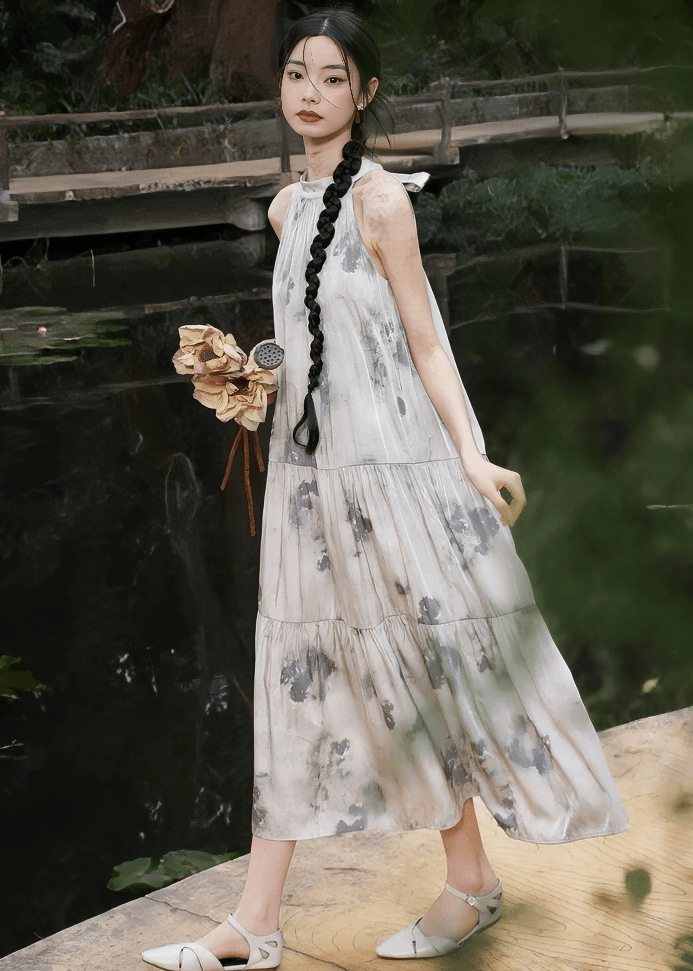 ABSTRACT INK PRINT HALTER MAXI DRESS - ANLEM