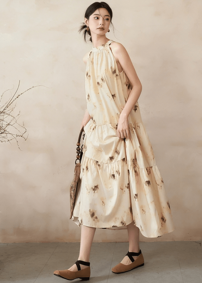 ABSTRACT INK PRINT HALTER MAXI DRESS - ANLEM