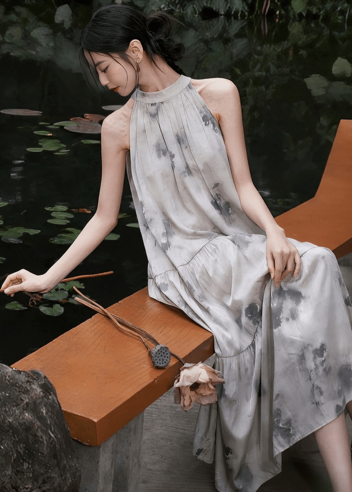 ABSTRACT INK PRINT HALTER MAXI DRESS - ANLEM