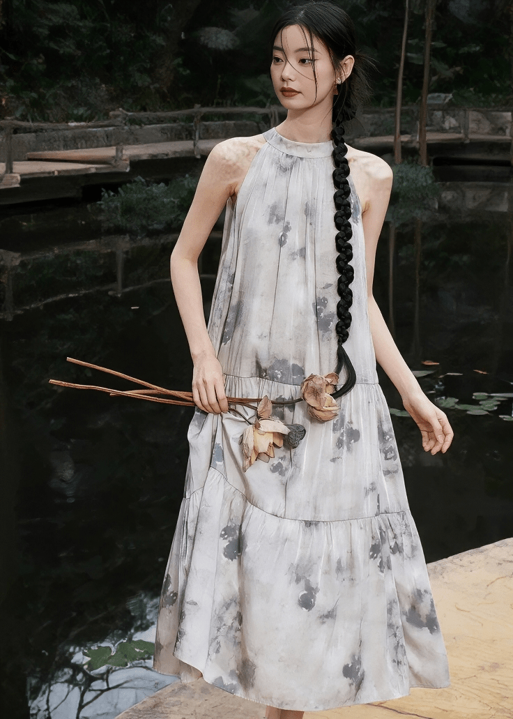 ABSTRACT INK PRINT HALTER MAXI DRESS - ANLEM
