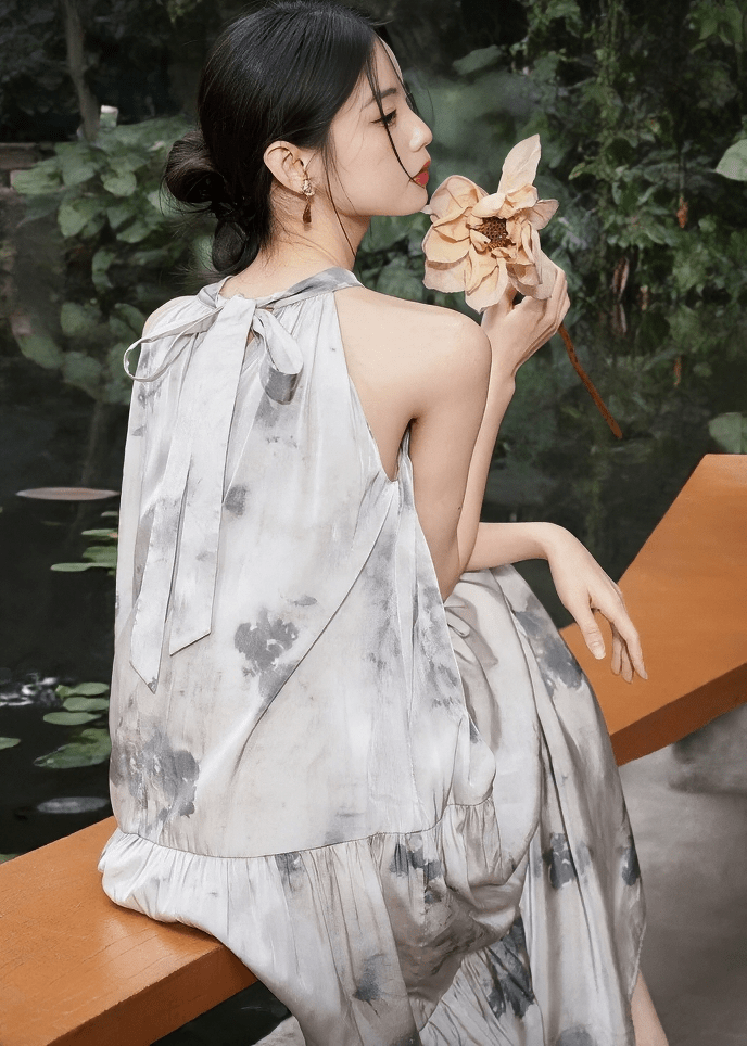 ABSTRACT INK PRINT HALTER MAXI DRESS - ANLEM