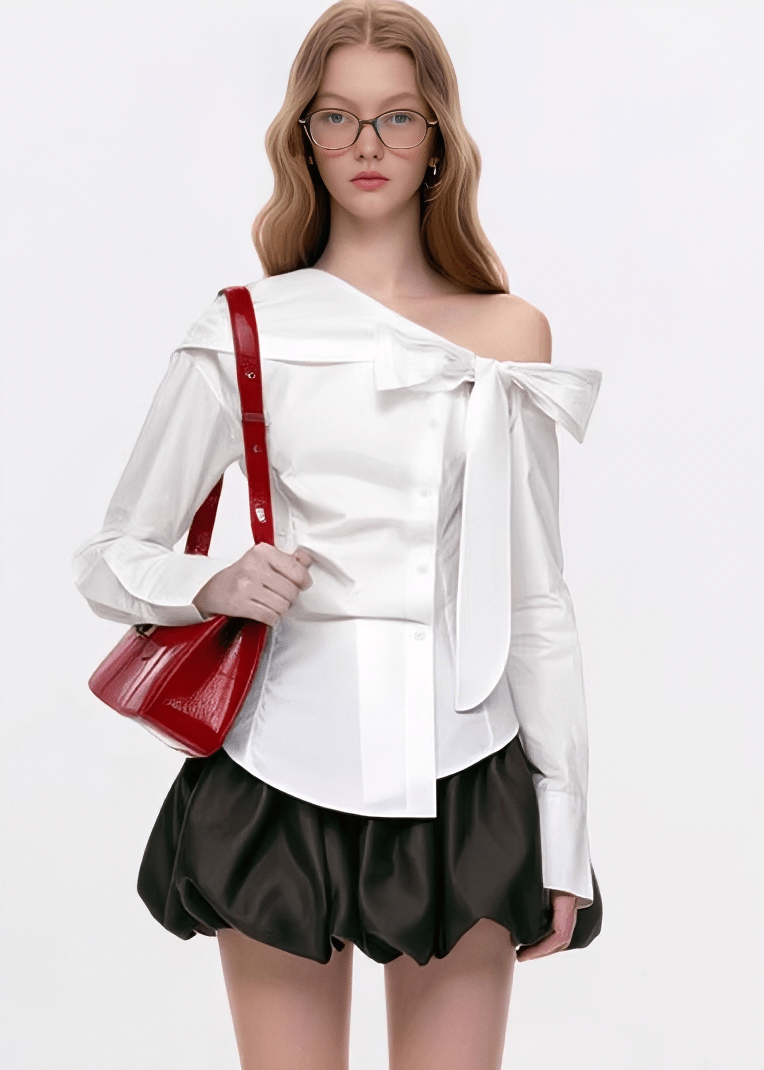 ASYMMETRIC COLLAR BOW - TIE SHIRT - ANLEM