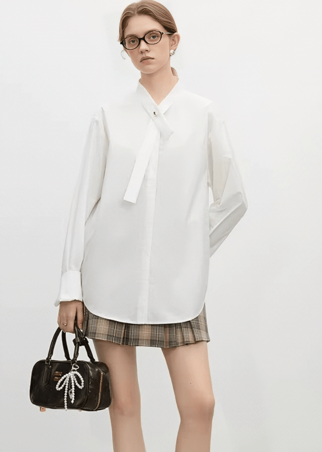 ASYMMETRIC SCARF COLLAR SHIRT - ANLEM