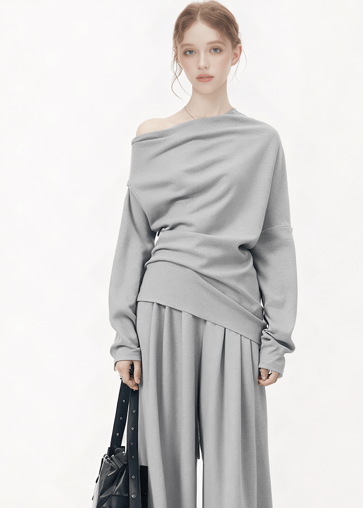 ASYMMETRICAL OFF - SHOULDER SWEATER & WIDE LEG PANTS - ANLEM