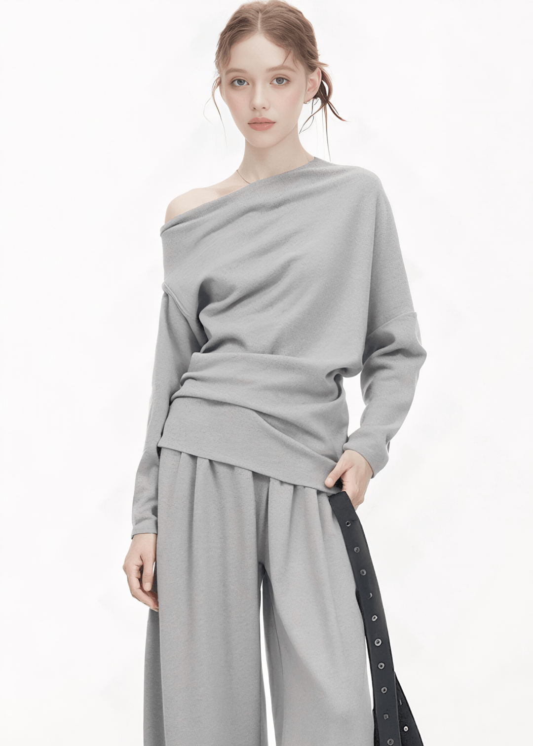 ASYMMETRICAL OFF - SHOULDER SWEATER & WIDE LEG PANTS - ANLEM