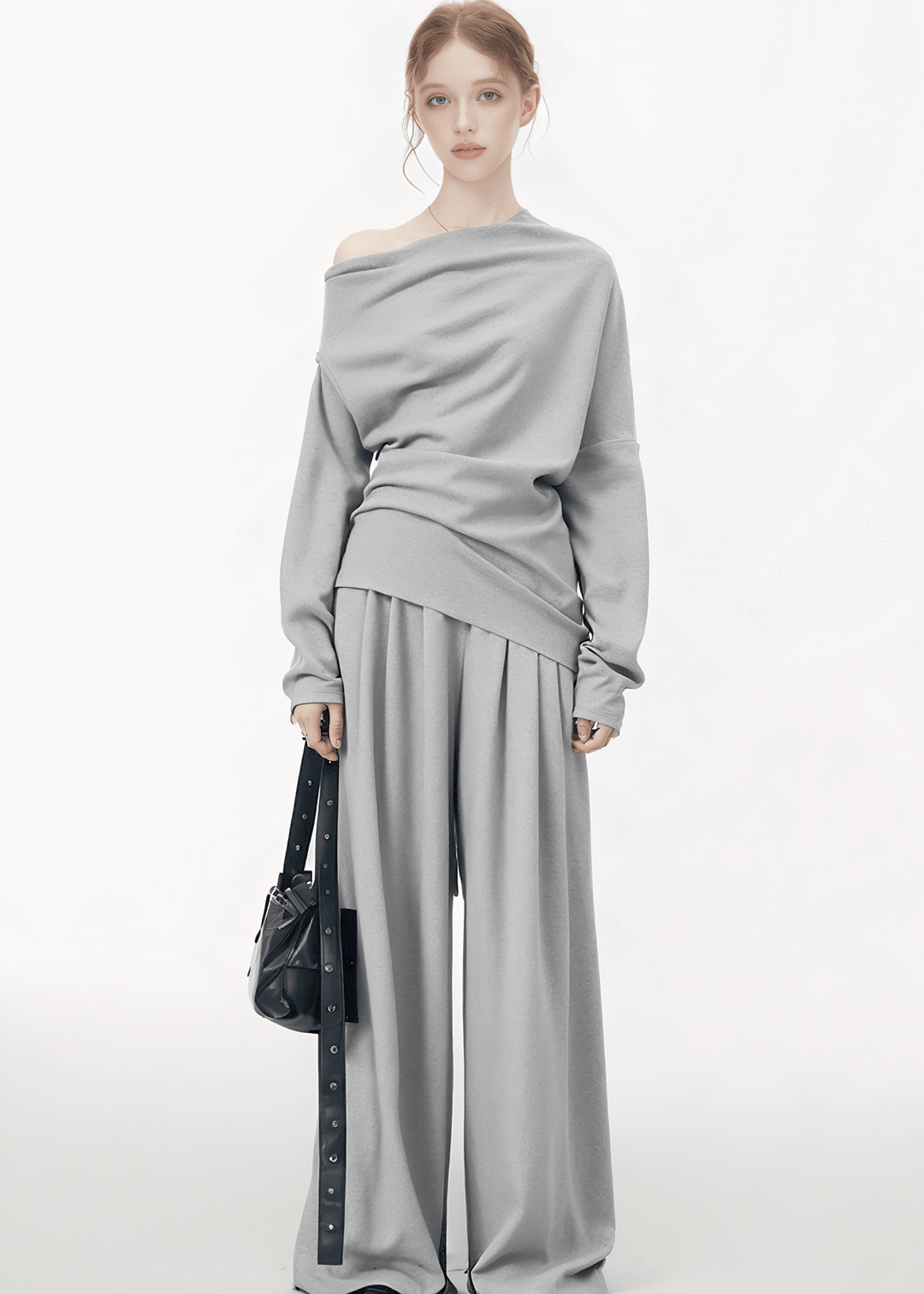 ASYMMETRICAL OFF - SHOULDER SWEATER & WIDE LEG PANTS - ANLEM