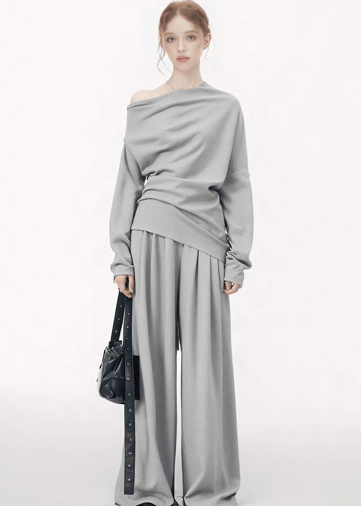 ASYMMETRICAL OFF - SHOULDER SWEATER & WIDE LEG PANTS - ANLEM
