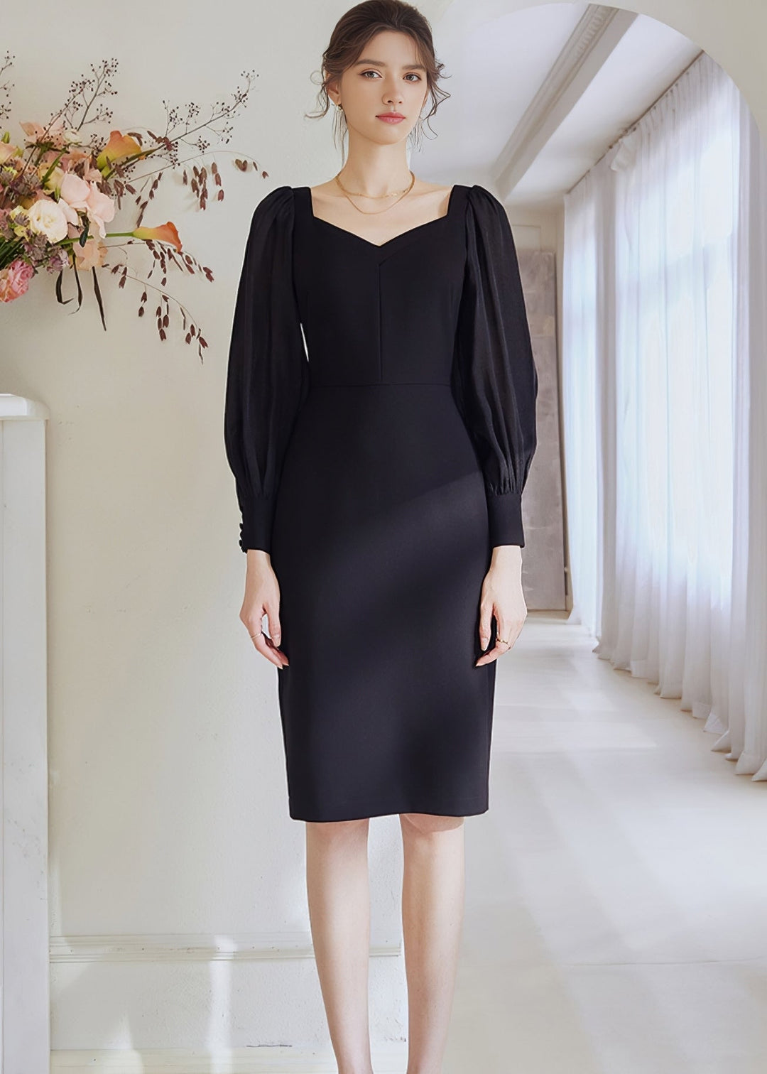 BALLOON DRAPE SLEEVE SLIM DRESS - ANLEM