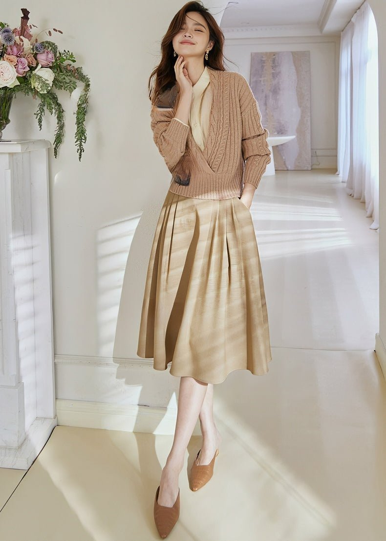 BEIGE PLEATED MIDI SKIRT - ANLEM