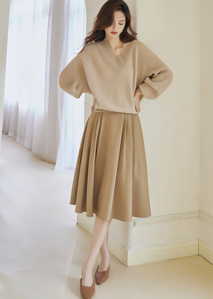 BEIGE PLEATED MIDI SKIRT - ANLEM