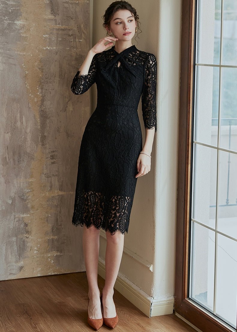 BLACK HOLLOW LACE SLIM DRESS - ANLEM