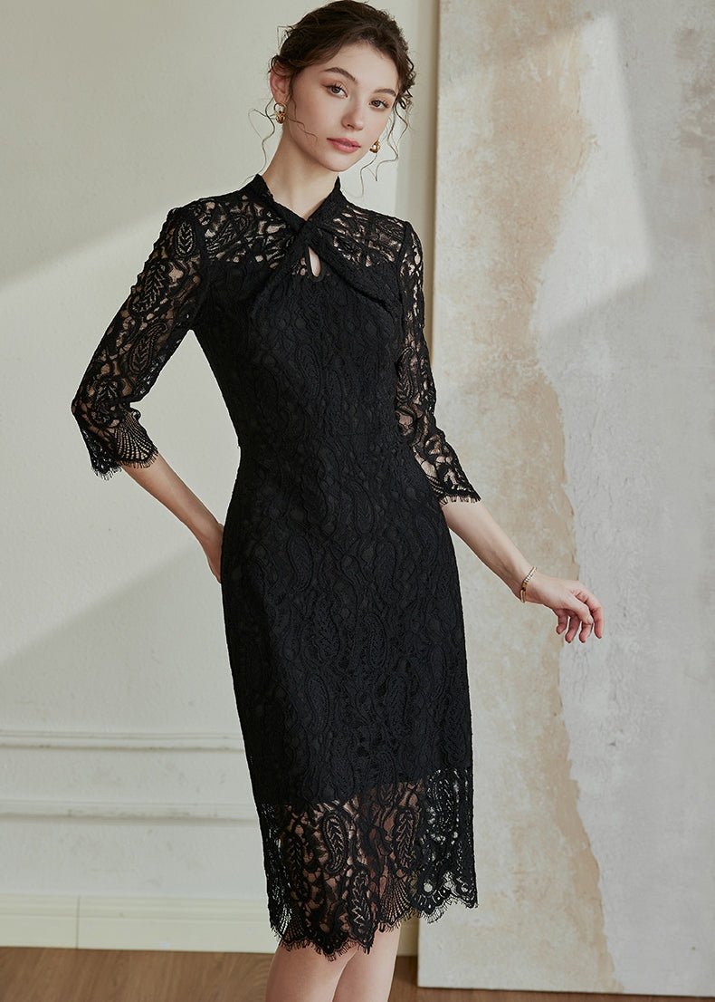 BLACK HOLLOW LACE SLIM DRESS - ANLEM